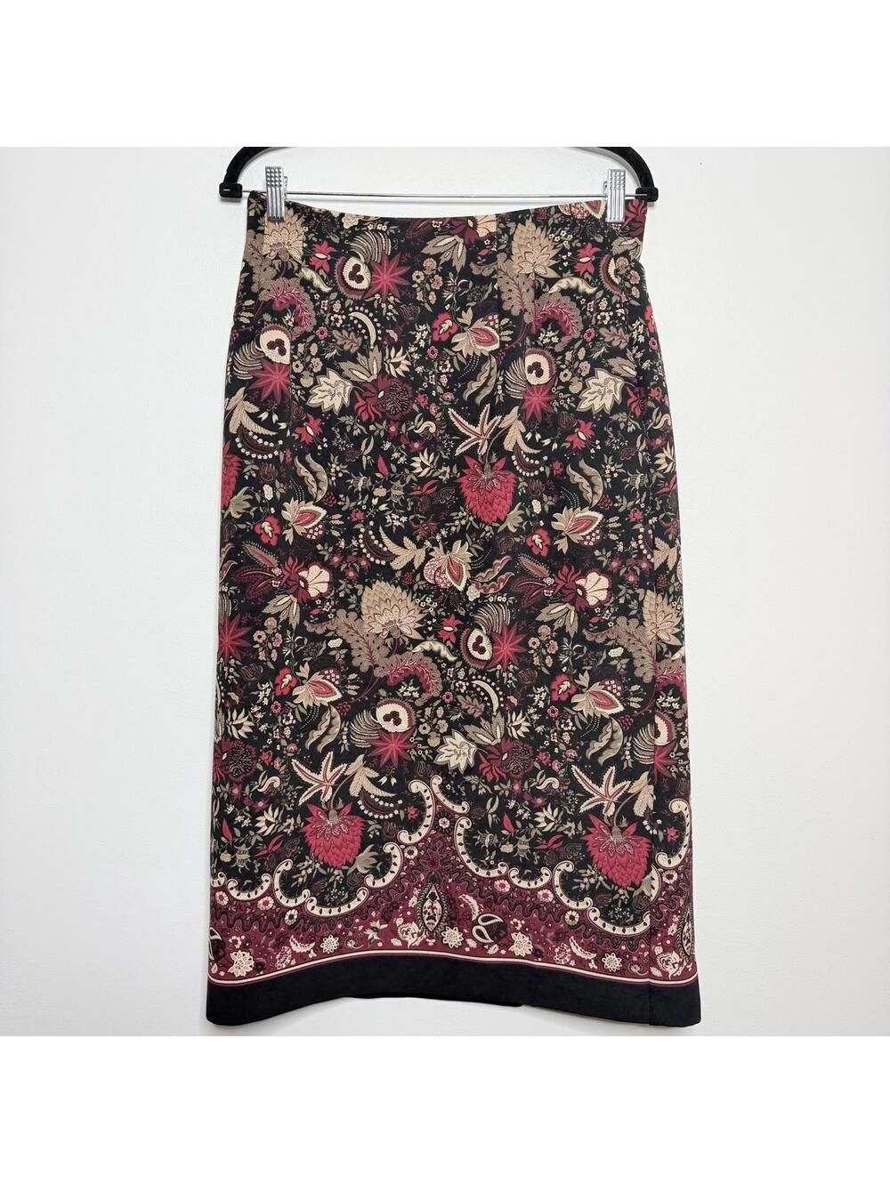 Briggs Petite Boho Floral Midi Pencil Skirt 10P Black Red Lined Back Zip